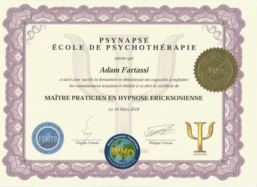 Maitre praticien Hypnose diplome